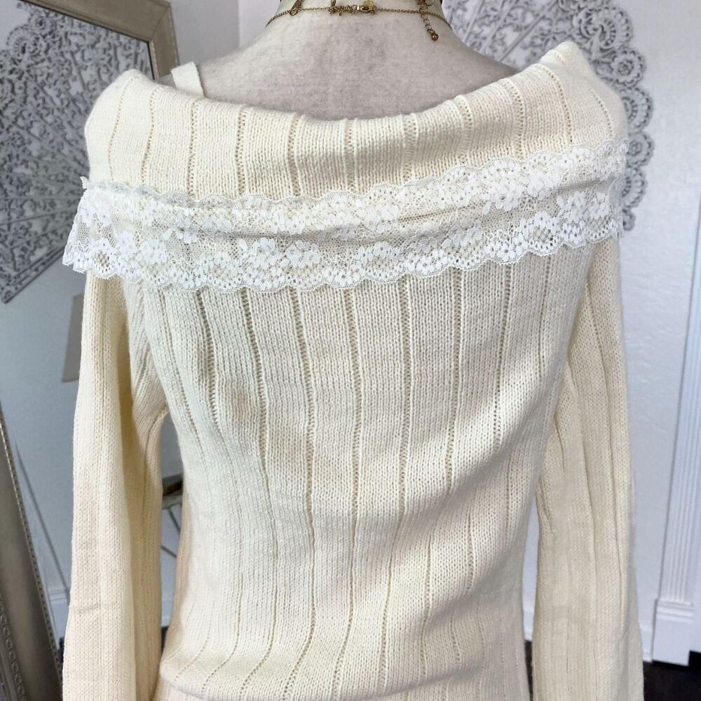 Kawaii Babe Cream Lace Trim Coquette Knit Off-Shoulder Mini Sweater / Dress M - Picture 5 of 8